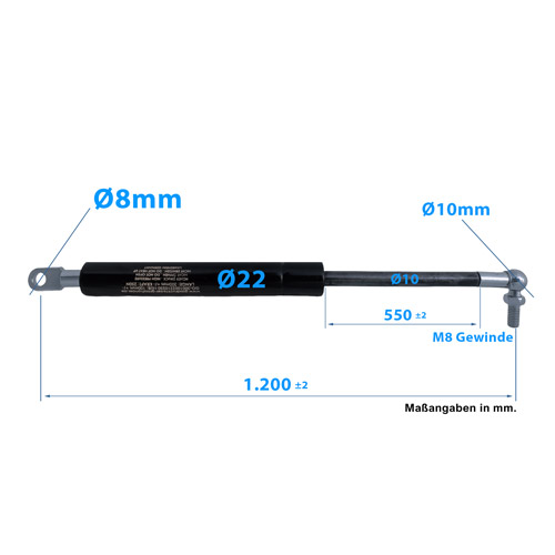 Gasdruckfeder Gasdruckdämpfer Kugelkopf Augenaufnahme 1.200mm/550mm 100N-1.000N M8
